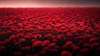 Fototapeta premium A vibrant field of red flowers stretches into the distance, creating a stunning visual display against a soft background.