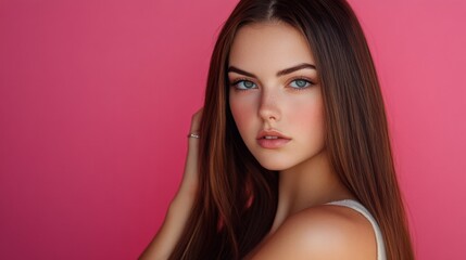 Fototapeta premium Portrait of a Young Woman with Long Hair Against Pink Background