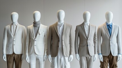 Five Male Mannequins Dressed in Suits and Casual Wear
