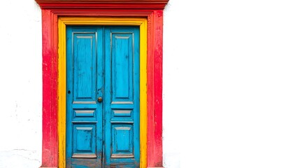 Obraz premium A vibrant blue door framed by colorful red and yellow accents against a white wall.