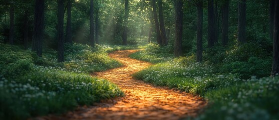 Fototapeta premium Winding dirt path through a lush green forest, bathed in soft sunlight, peaceful and inviting