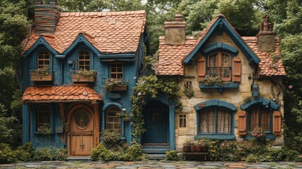 Fototapeta premium Two houses with blue roofs and brown trim. Generative AI