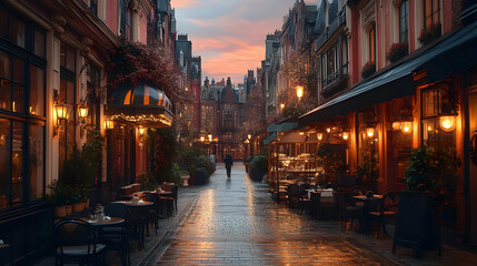 Evening City Street with Outdoor Cafe Illustration