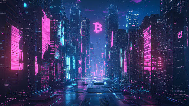 Bitcoin symbol neon in a futuristic city. Neon City Alley. Illustration