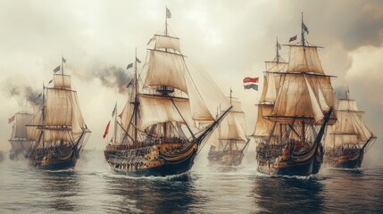 Naklejka premium A group of large ships are sailing in the ocean. Generative AI