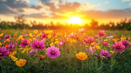Obraz premium Pink and yellow flowers in a field. Perfect for a background or website design.