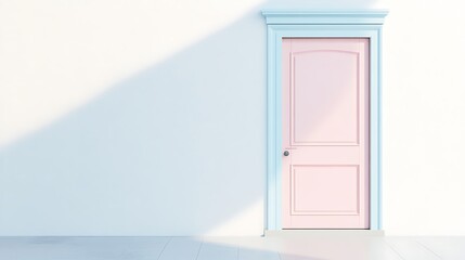 A pastel pink door set against a minimalist white wall, casting a soft shadow.