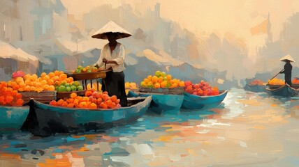 Obraz premium A serene market scene featuring boats filled with colorful fruits, set against a soft, hazy background at dawn.