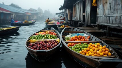 Obraz premium Colorful fruit boats float in a misty river market, showcasing a vibrant array of fresh produce against rustic wooden structures.