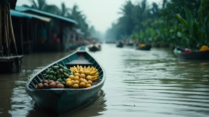 Obraz premium A serene boat laden with fresh fruits glides through a calm river, surrounded by lush greenery and misty weather.