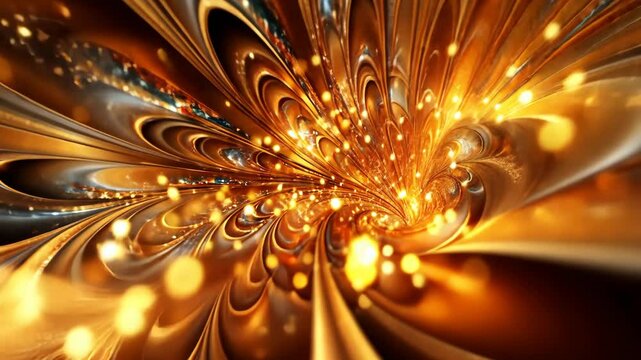 A swirling, abstract fractal pattern in shades of gold and orange with a bright light in the center