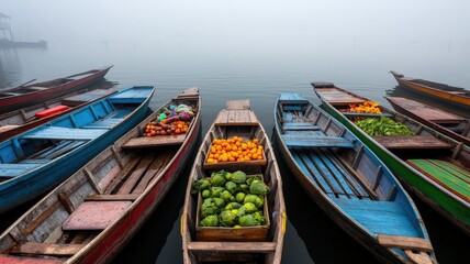 Boats filled with colorful fruits float in a misty harbor, creating a serene and vibrant marketplace scene.