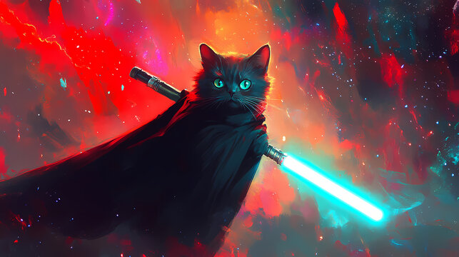 Cat with a light saber, illustration with a jedi in a cloak costume. Cosmic Battle. Illustration
