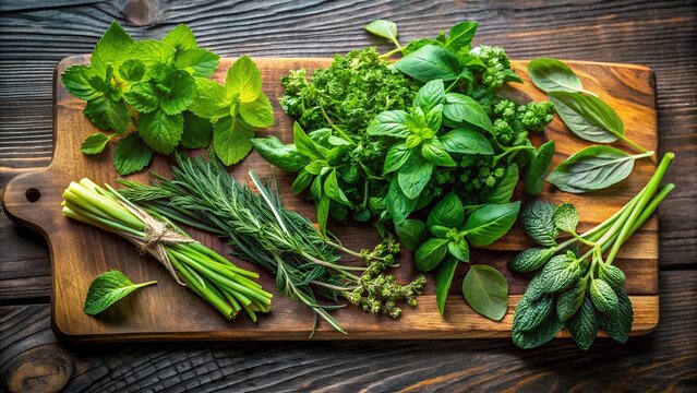 A vibrant assortment of fresh culinary herbs, including basil, mint, rosemary, and parsley, displayed on a wooden cutting board, ready for cooking.