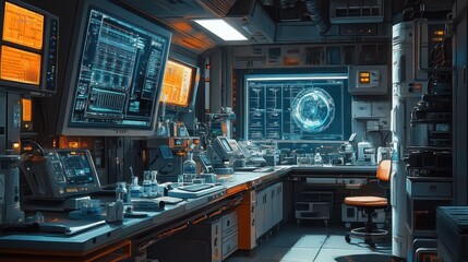 Obraz premium High-tech laboratory with advanced monitors and scientific equipment.