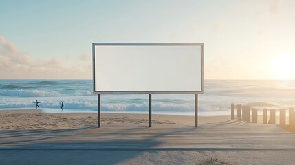 Blank billboard on a serene beachside captures the essence of advertising potential against a stunning ocean backdrop at sunrise.