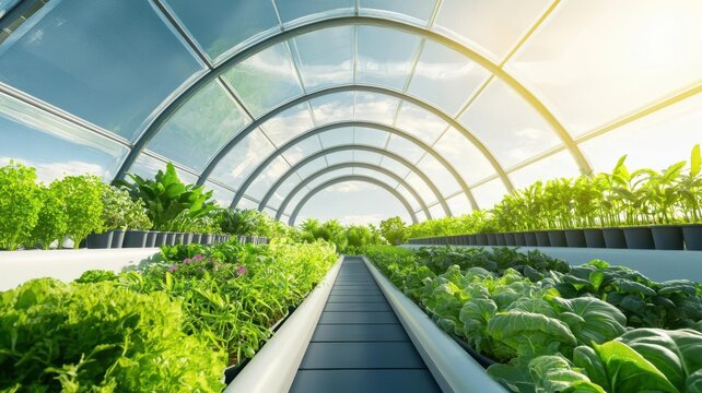 Sustainable greenery environmental concept. Greenhouse dome in the middle of a desert landscape filled with vibrant plants, agricultural innovation, sustainability