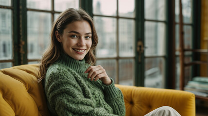 A beautiful fashion retro young girl sitting on the yellow  sofa knitting a green sweater 