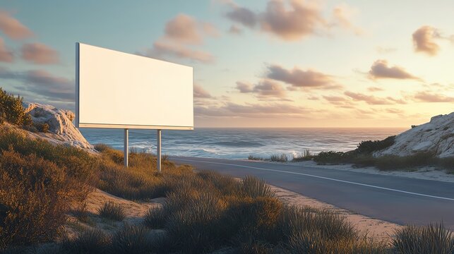 Empty billboard by coast, ready for advertising. Ocean waves and sunset sky create a serene backdrop for captivating visuals.