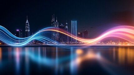 Digital background with glowing blue and orange dots on a dark wave in a technologically futuristic concept