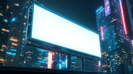Futuristic cityscape with glowing skyscrapers and a blank digital billboard at night, perfect for urban advertising and technology themes.