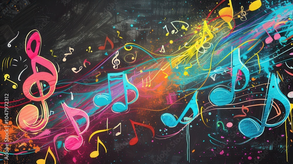 Aufkleber the chalkboard features an artistic blend of colorful brushstrokes intertwined with musical notes, s