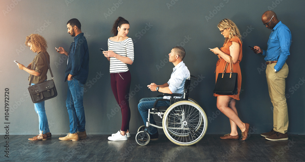 Aufkleber Communication comes in many forms. Shot of a group of people standing in a row behind each other while using their phones.