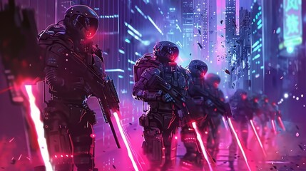Swat team of robots in futuristic steel armor in a glowing cityscape, AI generated image