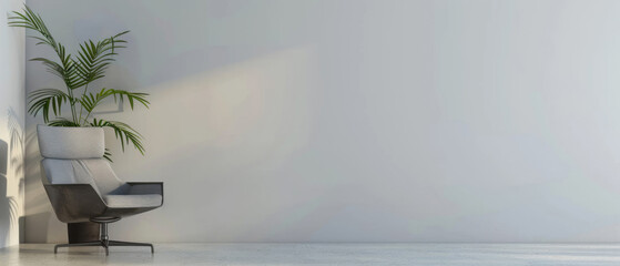 A 3D rendering of an empty white wall with a grey armchair and plant beside it, creating a clean aesthetic for advertising or product display, evoking a sense of minimalism in design and space.