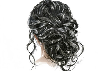 An illustration of curly and voluminous hair in an updo hairstyle against a white background with sharp details and no shadows or text.