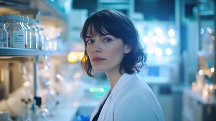 A captivating portrait of a passionate young female scientist deeply engaged in her research in a modern laboratory, showcasing dedication and intelligence.