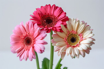 Three gerbera daisies in pink and other colors are isolated on a white background.