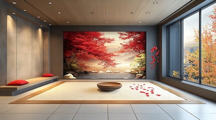 Fototapeta premium Zen Garden Interior Design with Autumnal Landscape Wall Art.