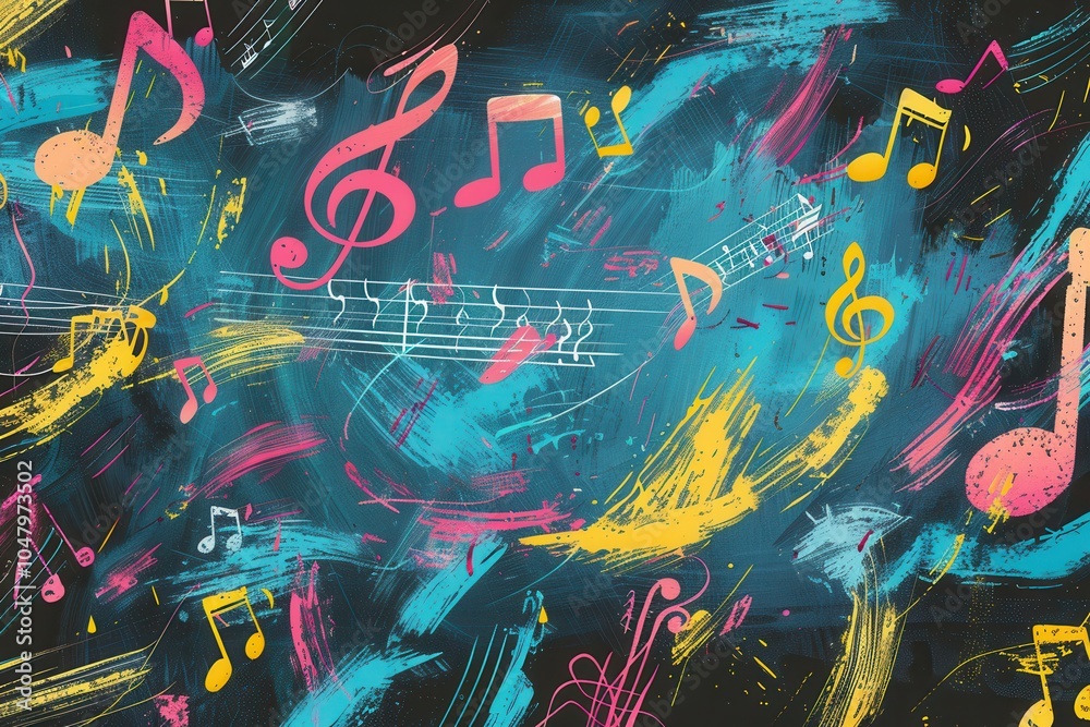 Fototapete colorful brushstrokes intertwine with musical notes and symbols on a chalkboard, creating an inspiri