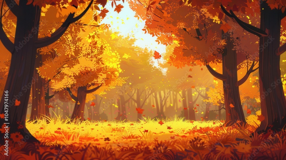 Aufkleber a tranquil forest is transformed into a golden paradise as trees display bright autumn leaves, creat