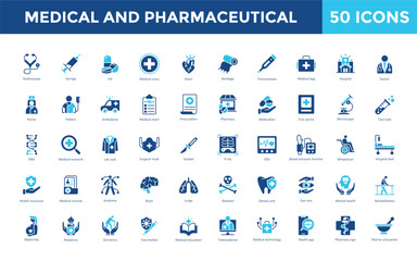 Medical and Pharmaceutical icon set with stethoscope, syringe, pill, medical cross, heart, bandage, thermometer, medical bag, hospital, doctor icon. Simple flat vector 
