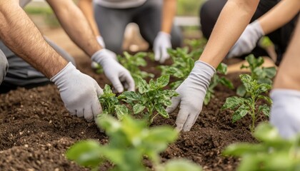 Fototapeta premium volunteers working together in a garden, planting and tending to plants, representing teamwork and community service.