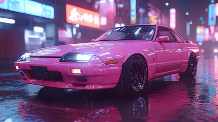 Fototapeta premium Pink Sports Car 3D Illustration in City at Night