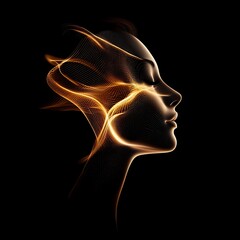 Abstract Golden Woman's Face in Profile with Lines and Dots.