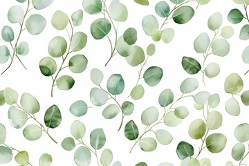 Obraz premium A beautiful watercolor pattern featuring delicate green leaves, perfect for nature-inspired designs and botanical themes.