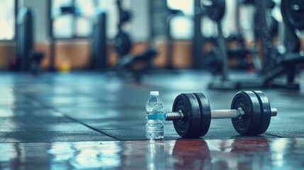 Dumbbell and Water Bottle on the Gym Floor