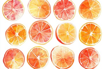 Fototapeta premium A vibrant arrangement of watercolor citrus slices showcasing fresh oranges and grapefruits, perfect for food-themed designs.
