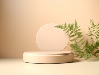 Fototapeta premium Minimalist 3D Render of Beige Pedestal with Green Leaf and Tree Shadow for Cosmetic Mockup