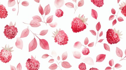 A vibrant watercolor pattern featuring red raspberries and delicate pink leaves, perfect for nature-themed designs.