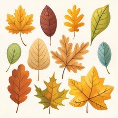 Obraz premium Colorful fall leaf vector set with simple oak, maple, and chestnut leaves, ideal for autumn-themed patterns, stickers, and banners
