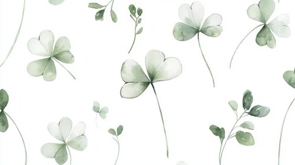 Obraz premium Delicate green clovers scattered on a light backdrop, perfect for nature-themed designs and springtime decor.