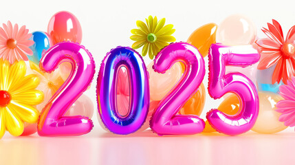 Happy new year 2025 number  colorful pastel inflatable flower balloons party wallpaper, 3D modern daisy whimsical glossy fashion white background banner template