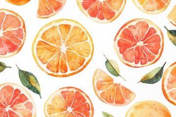Vibrant watercolor pattern of sliced citrus fruits, showcasing oranges and grapefruits with green leaves on a white background.