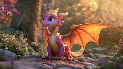 Small Dragon Glancing Back in a Colorful Forest Scene