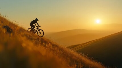 Obraz premium A cyclist rides down a hill at sunset, capturing the essence of adventure and nature.